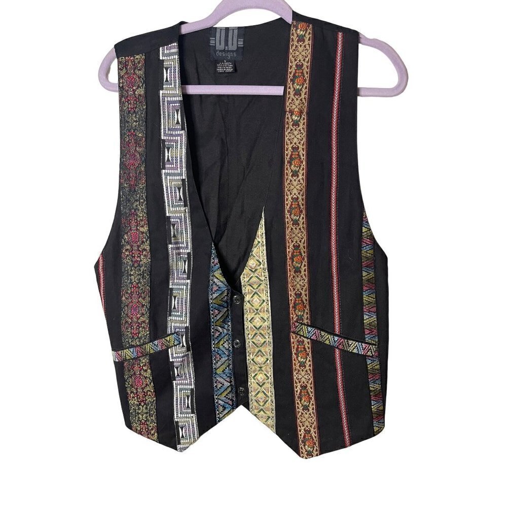 D D Designs Vintage Womens Vest Size Small Black Multi Tapestry Metallic Ribbon